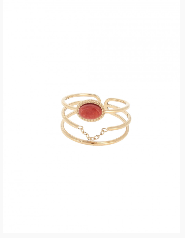 Ring triple row oval orange stone and chain gold