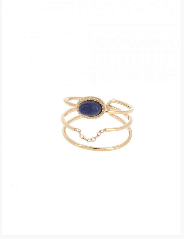 Ring triple row oval blue stone and chain gold